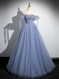 Niulatu Ball Gown Blue A-Line Tulle Beads Long Sweet 16 Dresses HZ1110
