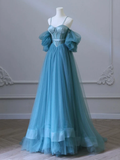 Niulatu A-Line Sweetheart Neck Tulle Blue Long Prom Dress HZ1110