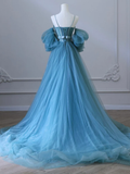 Niulatu A-Line Sweetheart Neck Tulle Blue Long Prom Dress HZ1110