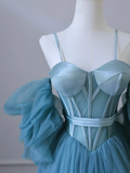 Niulatu A-Line Sweetheart Neck Tulle Blue Long Prom Dress HZ1110