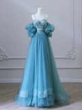 Niulatu A-Line Sweetheart Neck Tulle Blue Long Prom Dress HZ1110