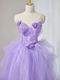 Niulatu Purple Sweetheart Neck Tulle Applique Long Prom Dress HZ1110
