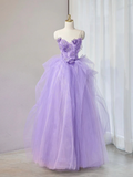Niulatu Purple Sweetheart Neck Tulle Applique Long Prom Dress HZ1110