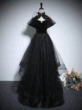 Niulatu A-Line Tulle Black Long Prom Dress HZ1110