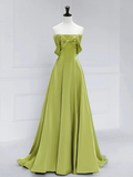 Niulatu A-Line Off Shoulder Green Satin Long Prom Dress HZ1110