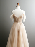 Niulatu Off Shoulder Champagne Tulle Long Prom Dress HZ1110