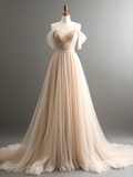 Niulatu Off Shoulder Champagne Tulle Long Prom Dress HZ1110