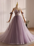 Niulatu V Neck Tulle Beads Lilac Long Prom Dress HZ1110
