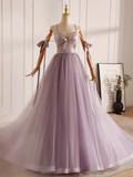 Niulatu V Neck Tulle Beads Lilac Long Prom Dress HZ1110