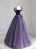 Niulatu Puff sleeves Tulle Velvet Purple Long Prom Dress HZ1110