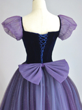 Niulatu Puff sleeves Tulle Velvet Purple Long Prom Dress HZ1110