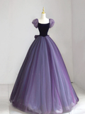 Niulatu Puff sleeves Tulle Velvet Purple Long Prom Dress HZ1110