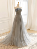 Niulatu Line Gray Tulle Sequin Long Prom Dress HZ1110