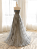 Niulatu Line Gray Tulle Sequin Long Prom Dress HZ1110