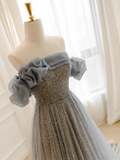 Niulatu Line Gray Tulle Sequin Long Prom Dress HZ1110