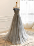 Niulatu Line Gray Tulle Sequin Long Prom Dress HZ1110