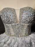Niulatu Sweetheart Neck Tulle Beads Feather Homecoming Dresses HZ1110