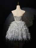 Niulatu Sweetheart Neck Tulle Beads Feather Homecoming Dresses HZ1110