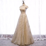 Niulatu line High Neckline Sequin Long Gold Prom Dress HZ1110