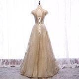 Niulatu line High Neckline Sequin Long Gold Prom Dress HZ1110