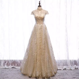 Niulatu line High Neckline Sequin Long Gold Prom Dress HZ1110