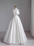 Niulatu A-Line Off The Shoulder Satin White Long Wedding Dresses HZ1110