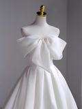 Niulatu A-Line Off The Shoulder Satin White Long Wedding Dresses HZ1110