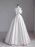 Niulatu A-Line Off The Shoulder Satin White Long Wedding Dresses HZ1110