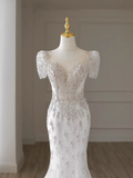 Niulatu Mermaid Short Sleeves White Long Wedding Dresses HZ1110