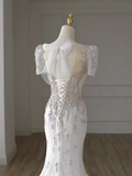 Niulatu Mermaid Short Sleeves White Long Wedding Dresses HZ1110