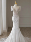 Niulatu Mermaid Short Sleeves White Long Wedding Dresses HZ1110