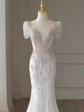 Niulatu Mermaid Short Sleeves White Long Wedding Dresses HZ1110