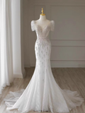 Niulatu Mermaid Short Sleeves White Long Wedding Dresses HZ1110
