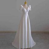 Niulatu A line Short Sleeves White Long Wedding Dresses HZ1110