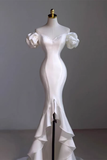Niulatu Mermaid Off the Shoulder Short Sleeves White Satin Wedding Dresses HZ1110