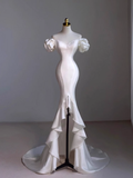 Niulatu Mermaid Off the Shoulder Short Sleeves White Satin Wedding Dresses HZ1110