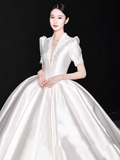 Niulatu Ball Gown V neckline White Satin Long Wedding Dresses HZ1110