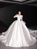 Niulatu Ball Gown V neckline White Satin Long Wedding Dresses HZ1110