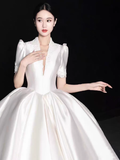 Niulatu Ball Gown V neckline White Satin Long Wedding Dresses HZ1110
