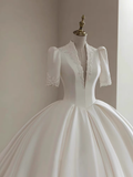 Niulatu Ball Gown V neckline White Satin Long Wedding Dresses HZ1110