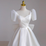 Niulatu A line White Satin Long Wedding Dresses HZ1110