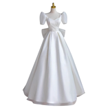 Niulatu A line White Satin Long Wedding Dresses HZ1110