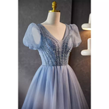 Niulatu line V Neckline Short Sleeves Long Blue Prom Dress HZ1110