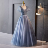 Niulatu line V Neckline Short Sleeves Long Blue Prom Dress HZ1110