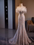 Niulatu Strapless Sequin Long Feather Prom Dress HZ1110