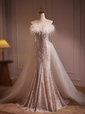 Niulatu Strapless Sequin Long Feather Prom Dress HZ1110
