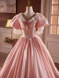 Niulatu Ball Gown Pink Short Sleeves Lace Sweet 16 Dresses HZ1110