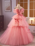 Niulatu Ball Gown Short Sleeves Pink Flowers Sweet 16 Dresses HZ1110