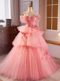 Niulatu Ball Gown Short Sleeves Pink Flowers Sweet 16 Dresses HZ1110