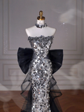 Niulatu Glitter Sequins Tulle Mermaid Prom Dress Strapless Evening Dress With Bow HZ1007